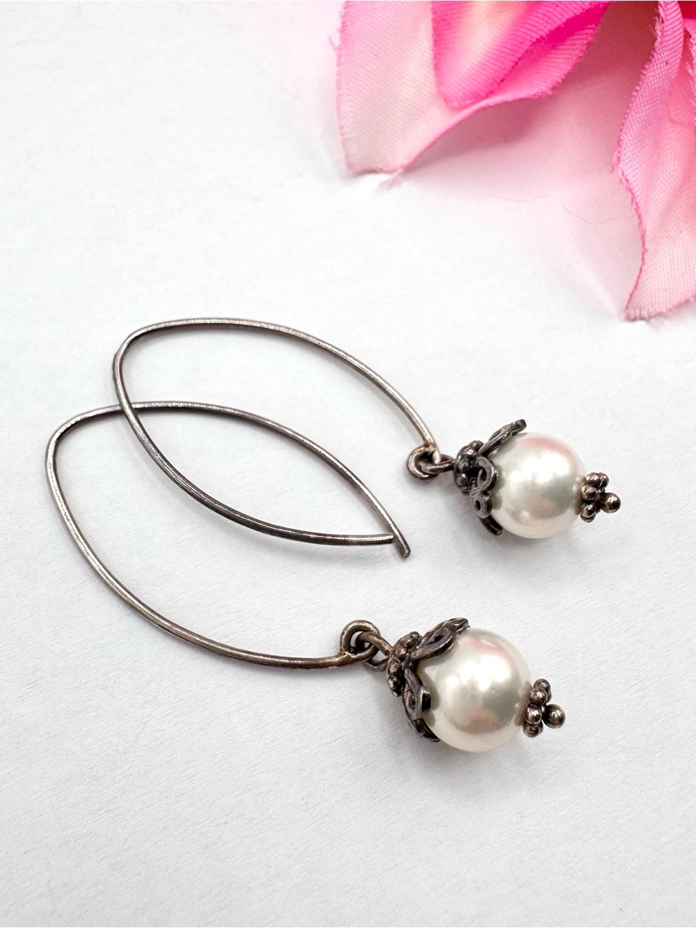 Patina Silver Threader Earrings Filigree Bead Caps Faux Pearl Drops Romantic
